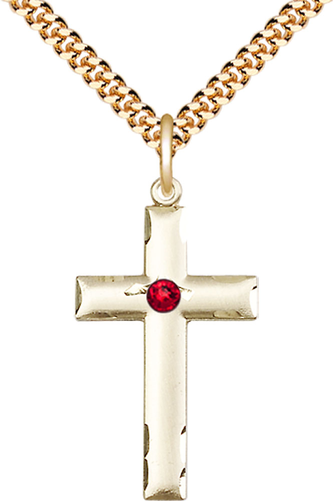 14kt Gold Filled Cross Pendant with a 3mm Ruby Swarovski stone on a 24 inch Gold Plate Heavy Curb chain