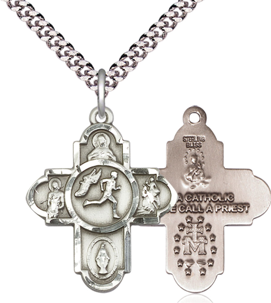 Sterling Silver 5-Way Track&amp;Field Pendant on a 24 inch Light Rhodium Heavy Curb chain
