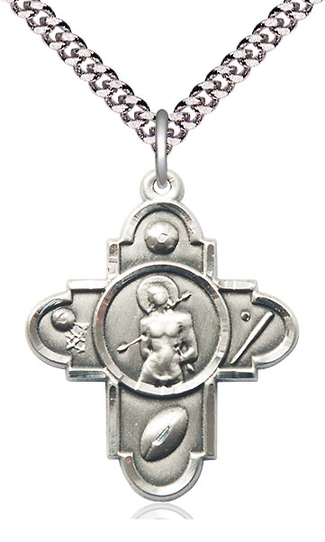 Sterling Silver 5-Way St Sebastian Pendant on a 24 inch Light Rhodium Heavy Curb chain