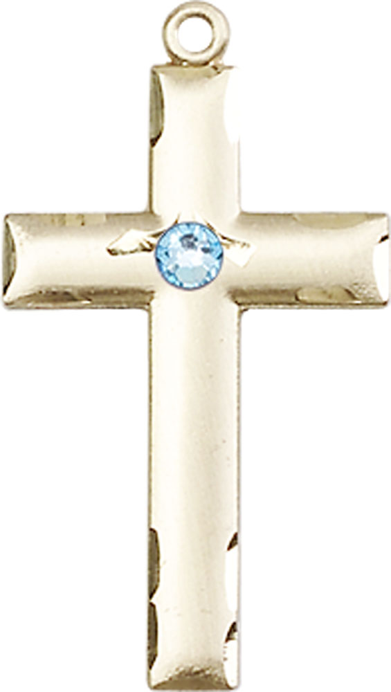 14kt Gold Cross Medal with a 3mm Aqua Swarovski stone