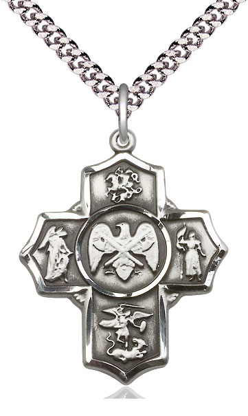 Sterling Silver 5-Way National Guard Pendant on a 24 inch Light Rhodium Heavy Curb chain
