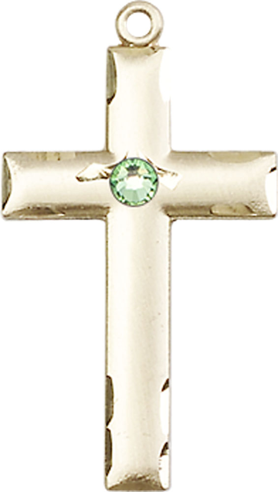 14kt Gold Cross Medal with a 3mm Peridot Swarovski stone