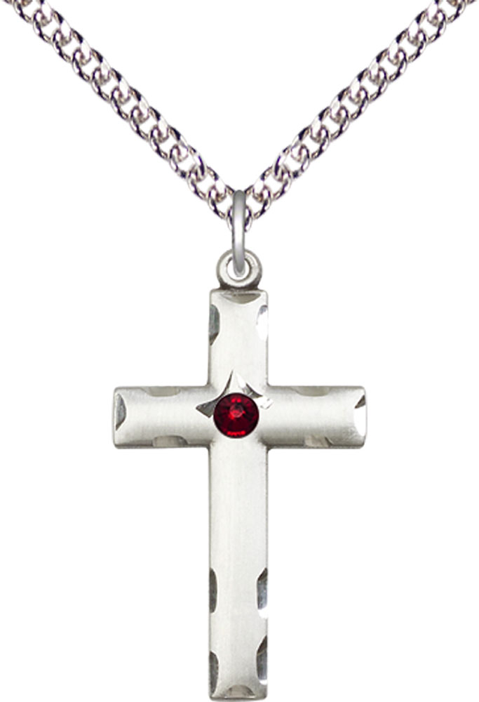 Sterling Silver Cross Pendant with a 3mm Garnet Swarovski stone on a 24 inch Sterling Silver Heavy Curb chain