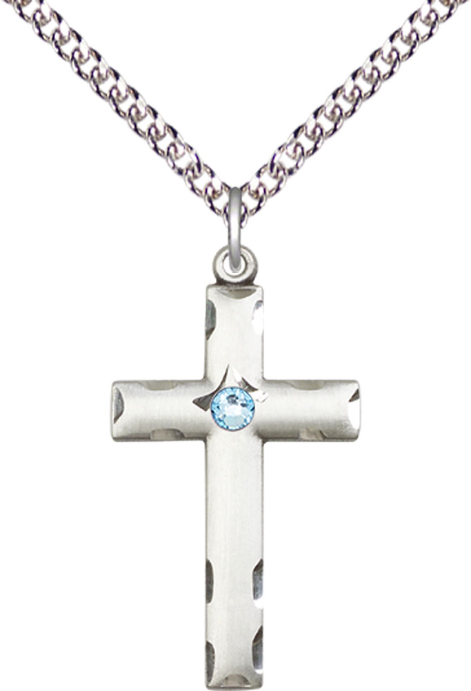 Sterling Silver Cross Pendant with a 3mm Aqua Swarovski stone on a 24 inch Sterling Silver Heavy Curb chain