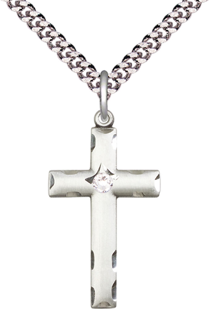 Sterling Silver Cross Pendant with a 3mm Crystal Swarovski stone on a 24 inch Light Rhodium Heavy Curb chain
