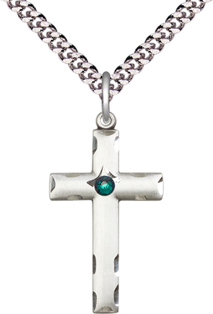Sterling Silver Cross Pendant with a 3mm Emerald Swarovski stone on a 24 inch Light Rhodium Heavy Curb chain