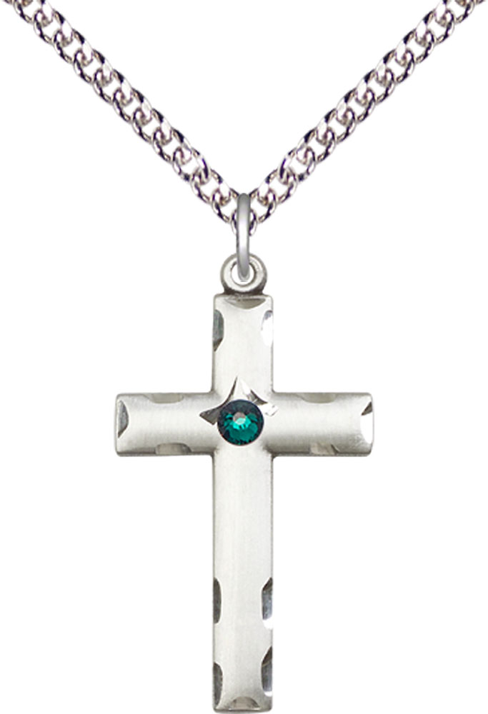 Sterling Silver Cross Pendant with a 3mm Emerald Swarovski stone on a 24 inch Sterling Silver Heavy Curb chain