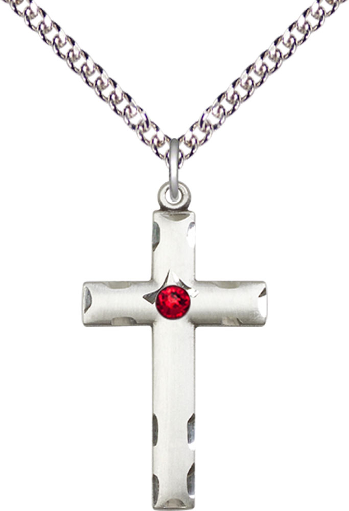 Sterling Silver Cross Pendant with a 3mm Ruby Swarovski stone on a 24 inch Sterling Silver Heavy Curb chain