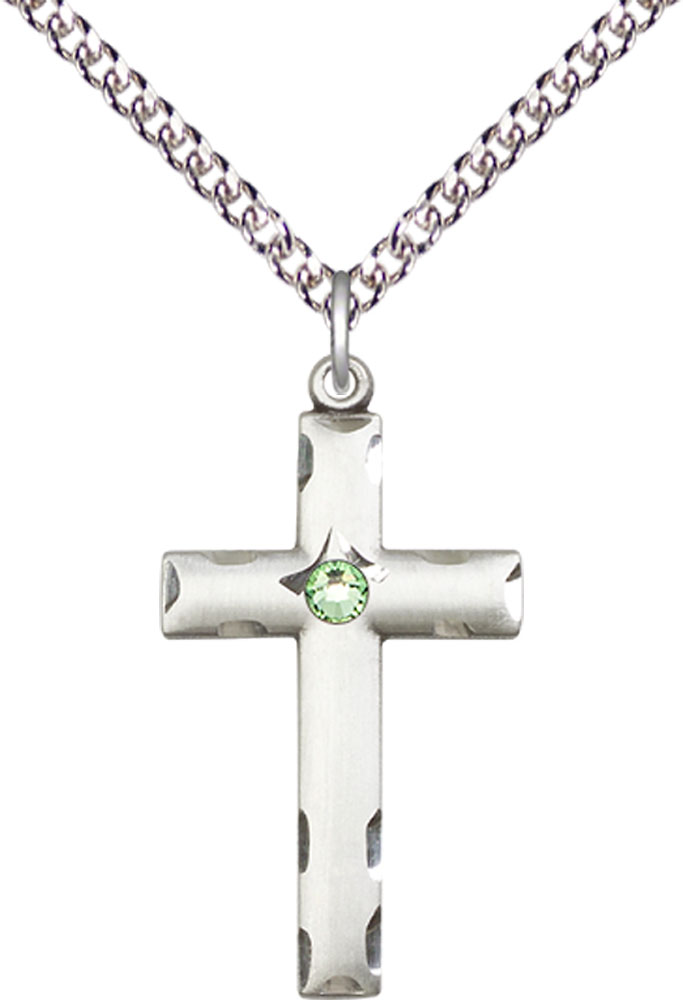 Sterling Silver Cross Pendant with a 3mm Peridot Swarovski stone on a 24 inch Sterling Silver Heavy Curb chain