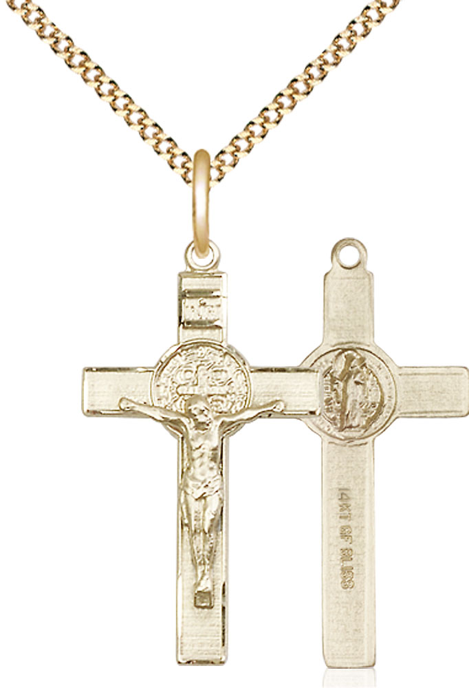 14kt Gold Filled Saint Benedict Crucifix Pendant on a 18 inch Gold Plate Light Curb chain