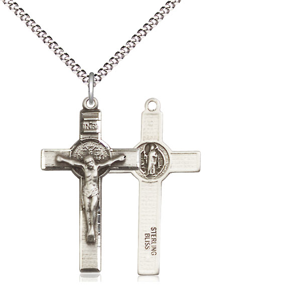 Sterling Silver Saint Benedict Crucifix Pendant on a 18 inch Light Rhodium Light Curb chain