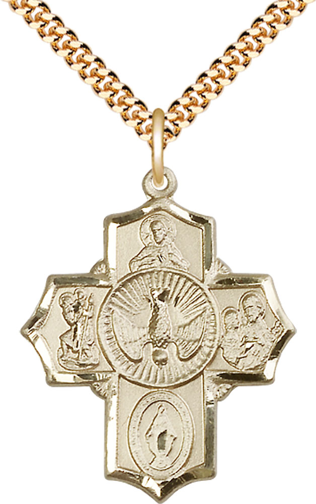 14kt Gold Filled 5-Way Pendant on a 24 inch Gold Plate Heavy Curb chain