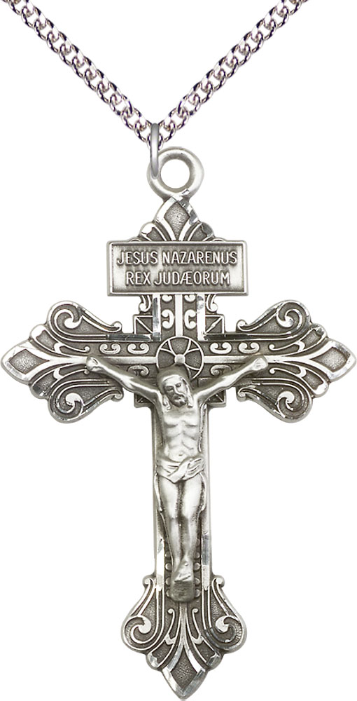 Sterling Silver Crucifix Pendant on a 24 inch Sterling Silver Heavy Curb chain