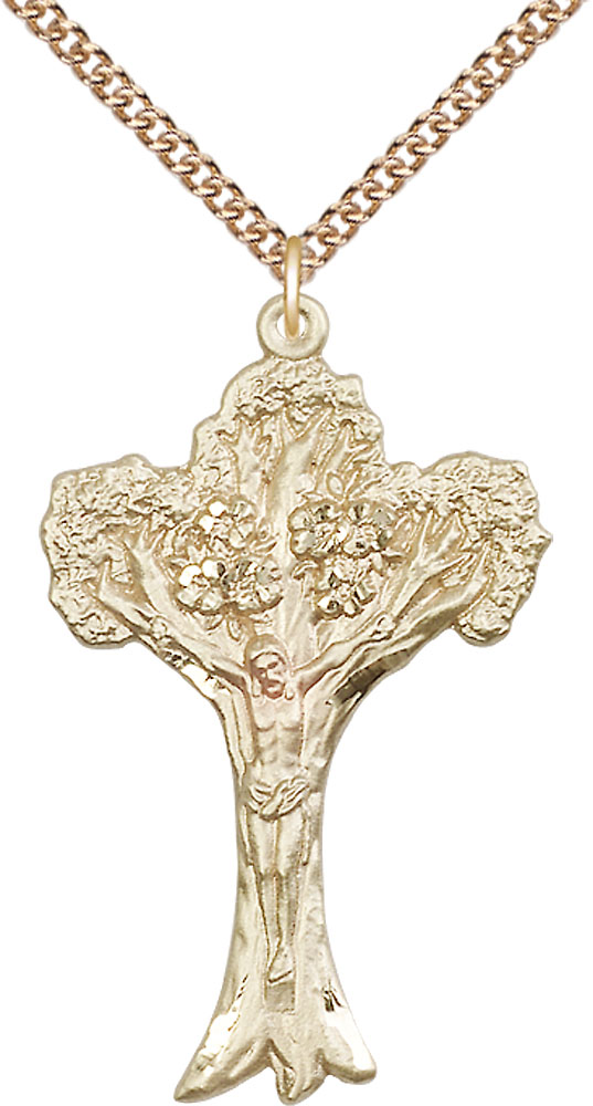 14kt Gold Filled Tree of Life Crucifix Pendant on a 24 inch Gold Filled Heavy Curb chain