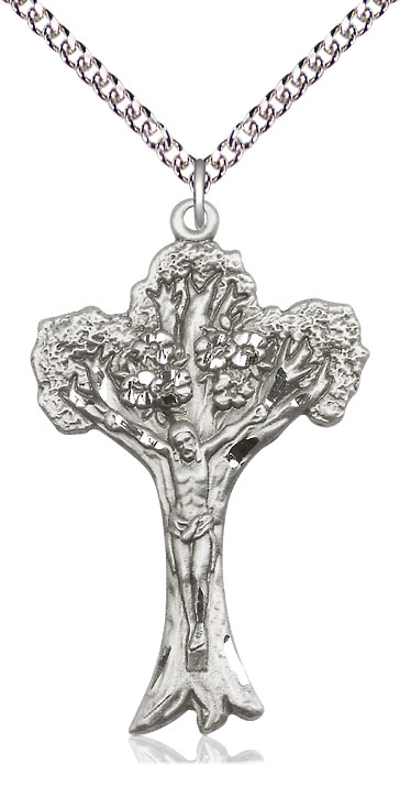 Sterling Silver Tree of Life Crucifix Pendant on a 24 inch Sterling Silver Heavy Curb chain