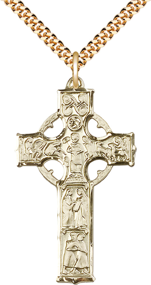 14kt Gold Filled Celtic Cross Pendant on a 24 inch Gold Plate Heavy Curb chain