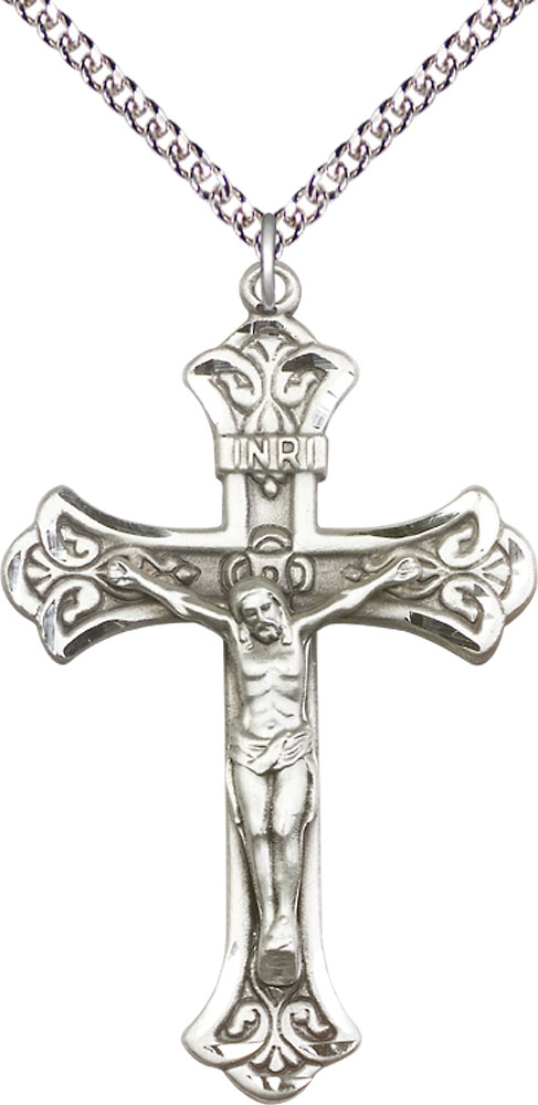 Sterling Silver Crucifix Pendant on a 24 inch Sterling Silver Heavy Curb chain