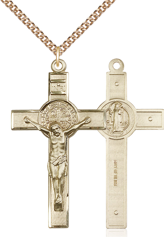 14kt Gold Filled Saint Benedict Crucifix Pendant on a 24 inch Gold Filled Heavy Curb chain