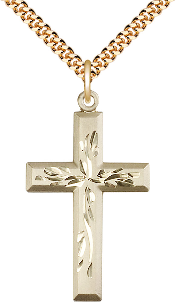 14kt Gold Filled Cross Pendant on a 24 inch Gold Plate Heavy Curb chain