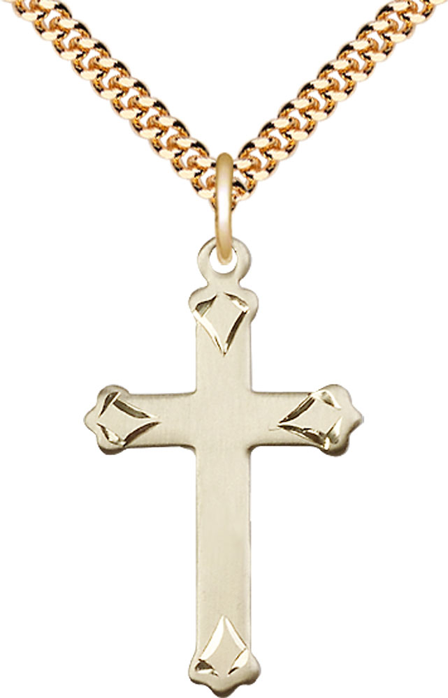 14kt Gold Filled Cross Pendant on a 24 inch Gold Plate Heavy Curb chain
