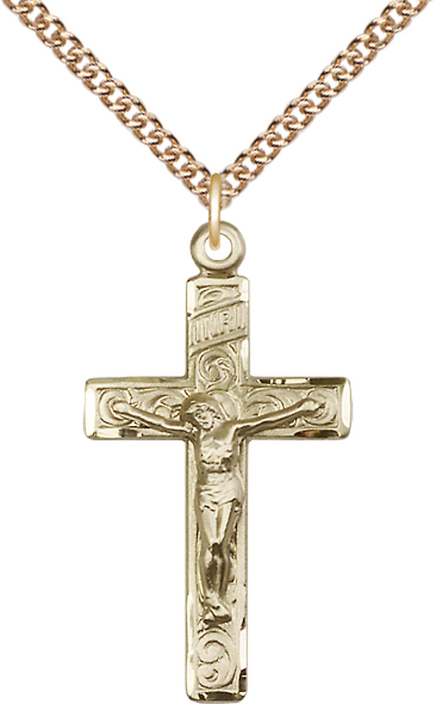 14kt Gold Filled Crucifix Pendant on a 24 inch Gold Filled Heavy Curb chain