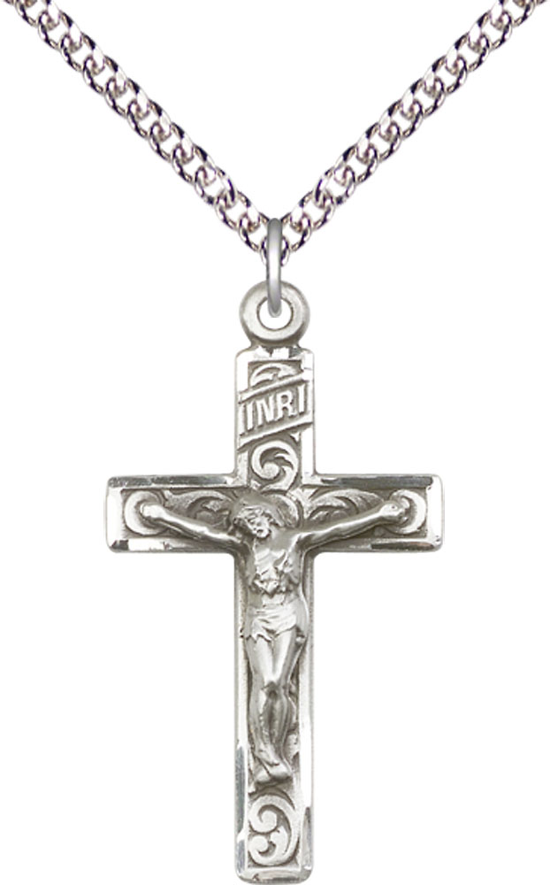 Sterling Silver Crucifix Pendant on a 24 inch Sterling Silver Heavy Curb chain