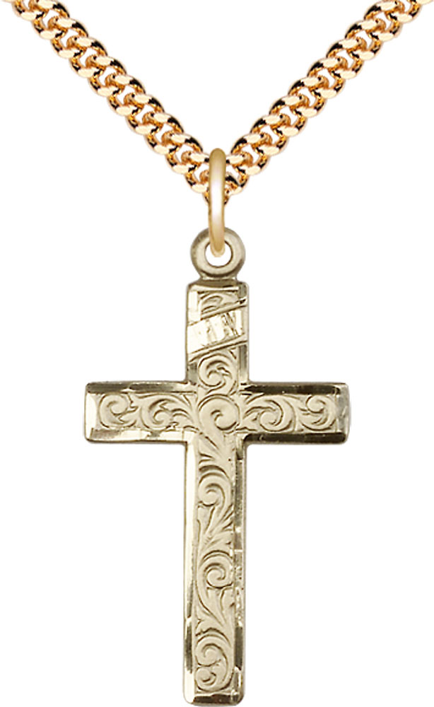 14kt Gold Filled Cross Pendant on a 24 inch Gold Plate Heavy Curb chain