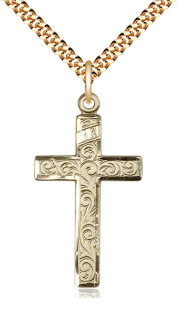 14kt Gold Filled Cross Pendant on a 24 inch Gold Plate Heavy Curb chain