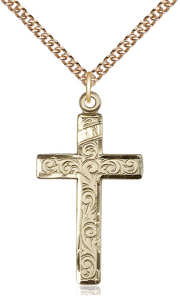 14kt Gold Filled Cross Pendant on a 24 inch Gold Filled Heavy Curb chain