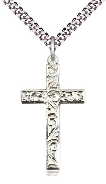 Sterling Silver Cross Pendant on a 24 inch Light Rhodium Heavy Curb chain