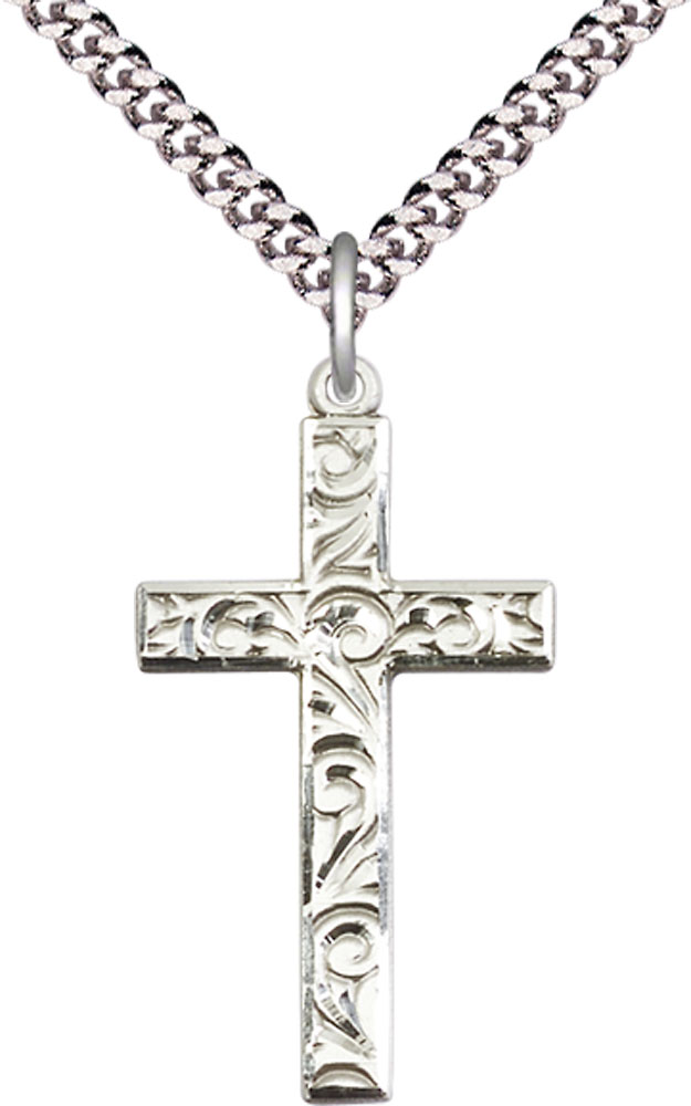 Sterling Silver Cross Pendant on a 24 inch Light Rhodium Heavy Curb chain