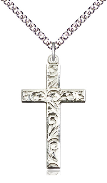 Sterling Silver Cross Pendant on a 24 inch Sterling Silver Heavy Curb chain