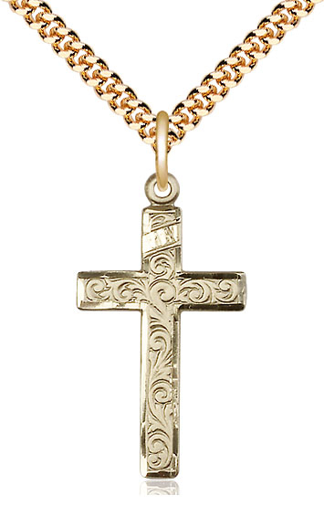 14kt Gold Filled Cross Pendant on a 24 inch Gold Plate Heavy Curb chain