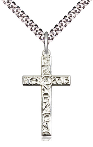 Sterling Silver Cross Pendant on a 24 inch Light Rhodium Heavy Curb chain