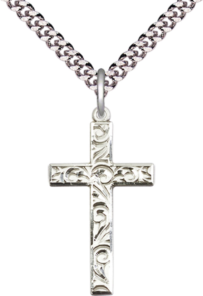 Sterling Silver Cross Pendant on a 24 inch Light Rhodium Heavy Curb chain
