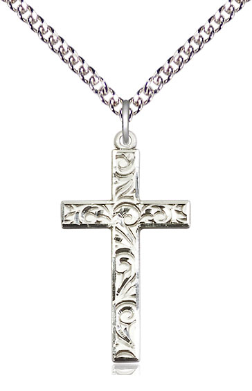 Sterling Silver Cross Pendant on a 24 inch Sterling Silver Heavy Curb chain