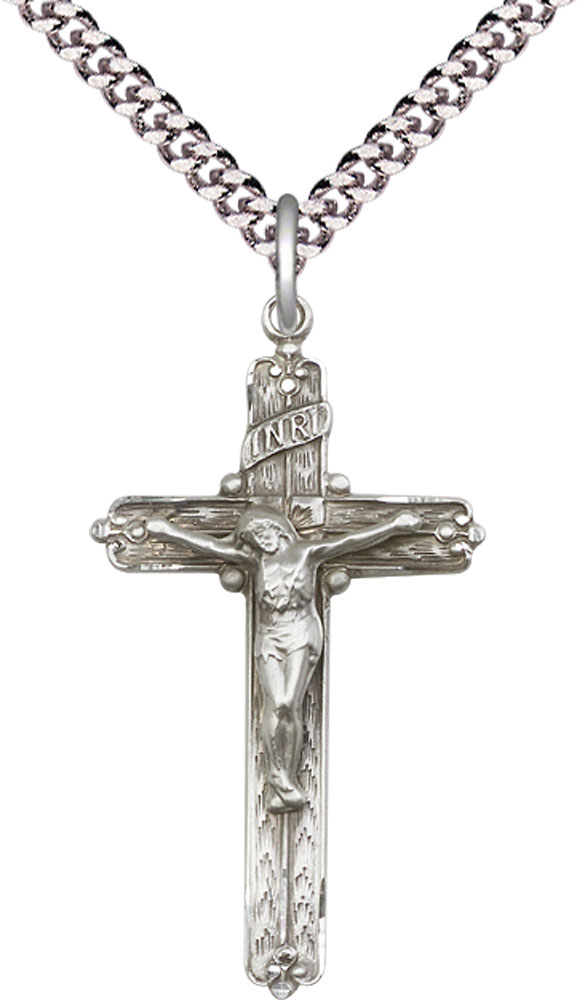 Sterling Silver Crucifix Pendant on a 24 inch Light Rhodium Heavy Curb chain
