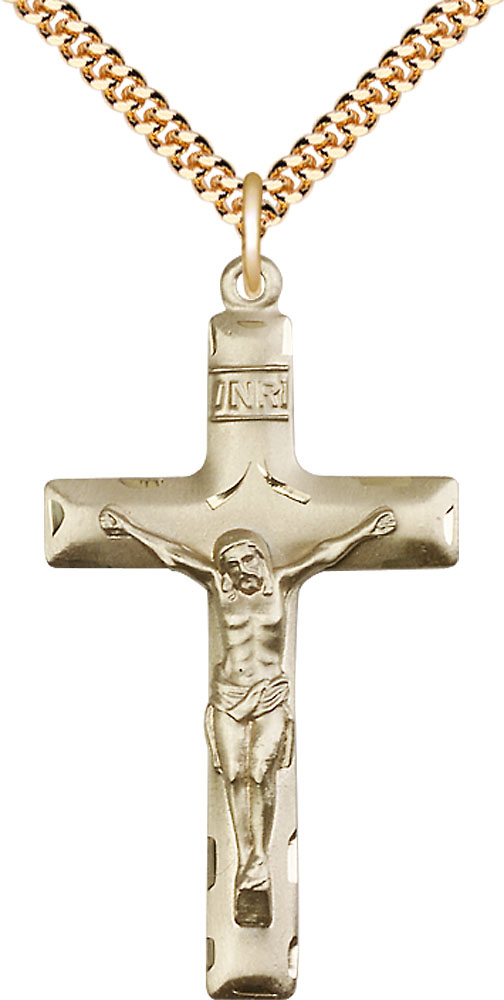 14kt Gold Filled Crucifix Pendant on a 24 inch Gold Plate Heavy Curb chain