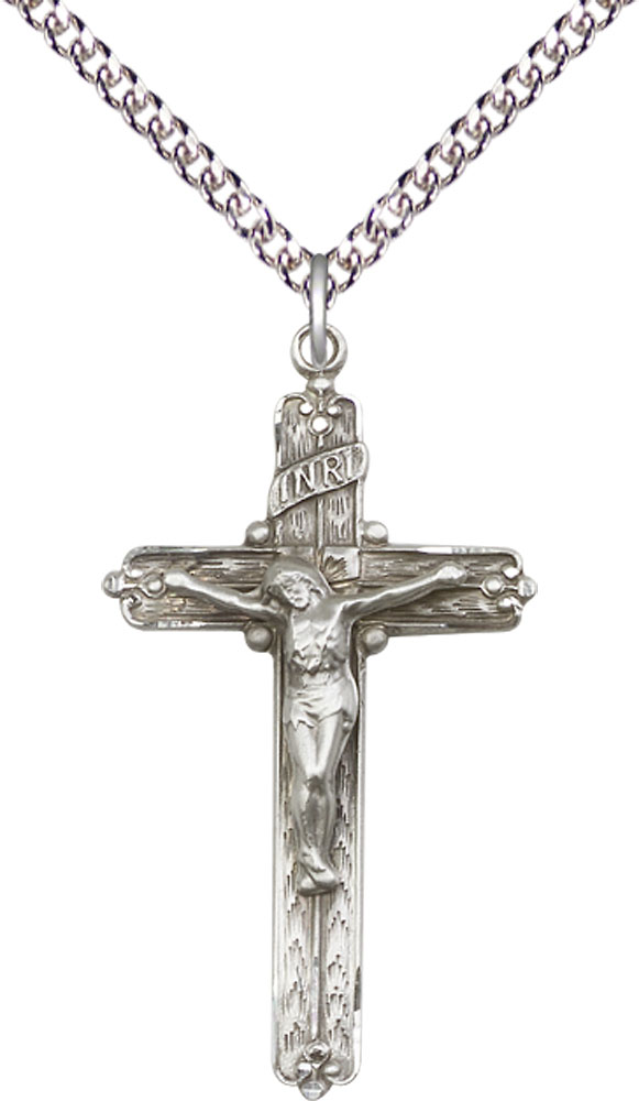 Sterling Silver Crucifix Pendant on a 24 inch Sterling Silver Heavy Curb chain