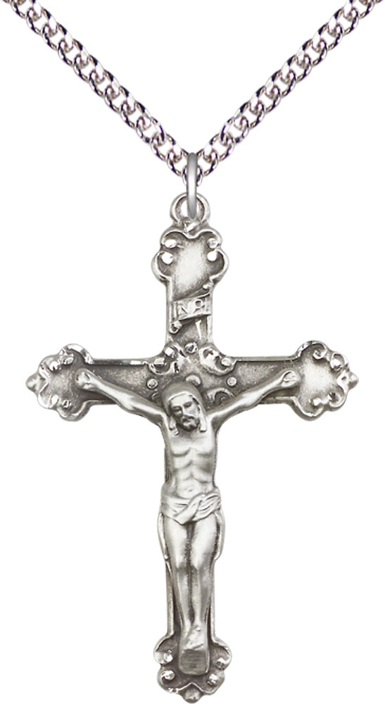 Sterling Silver Crucifix Pendant on a 24 inch Sterling Silver Heavy Curb chain