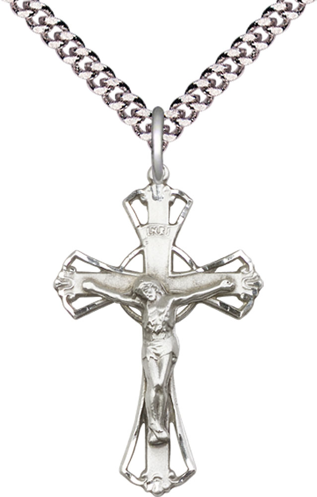 Sterling Silver Crucifix Pendant on a 24 inch Light Rhodium Heavy Curb chain