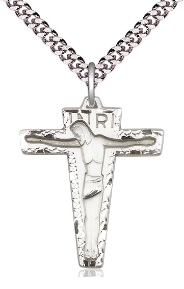 Sterling Silver Primative Crucifix Pendant on a 24 inch Light Rhodium Heavy Curb chain