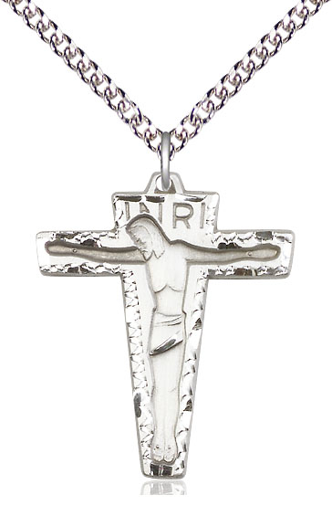 Sterling Silver Primative Crucifix Pendant on a 24 inch Sterling Silver Heavy Curb chain