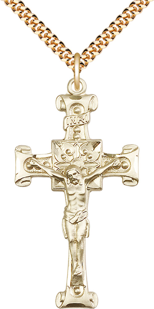 14kt Gold Filled Crucifix Pendant on a 24 inch Gold Plate Heavy Curb chain