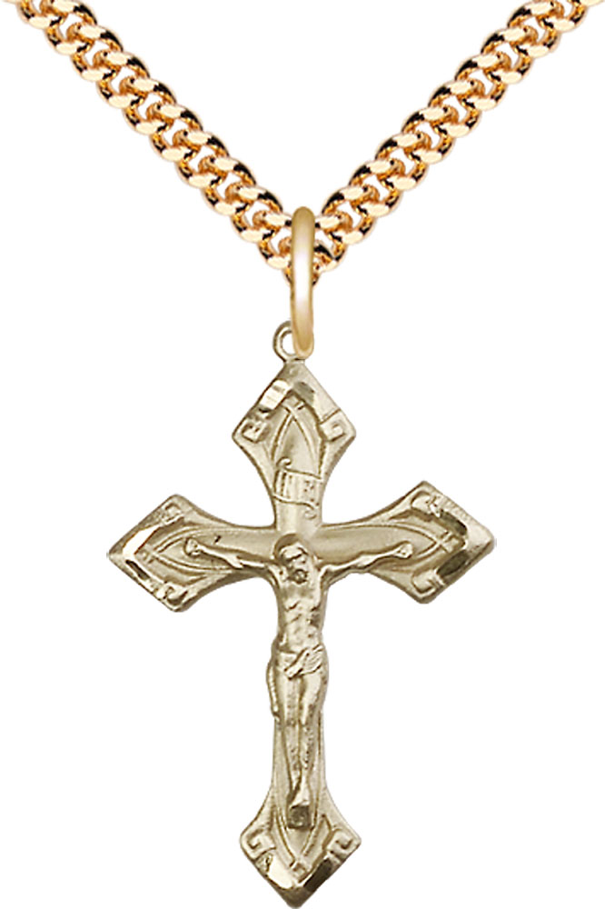 14kt Gold Filled Crucifix Pendant on a 24 inch Gold Plate Heavy Curb chain