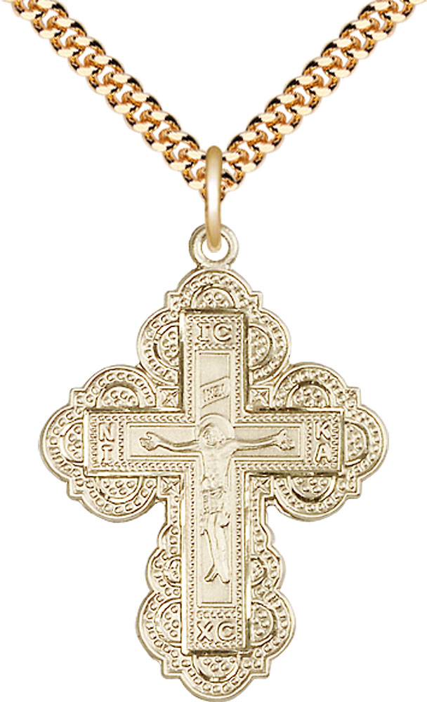 14kt Gold Filled Irene Cross Pendant on a 24 inch Gold Plate Heavy Curb chain