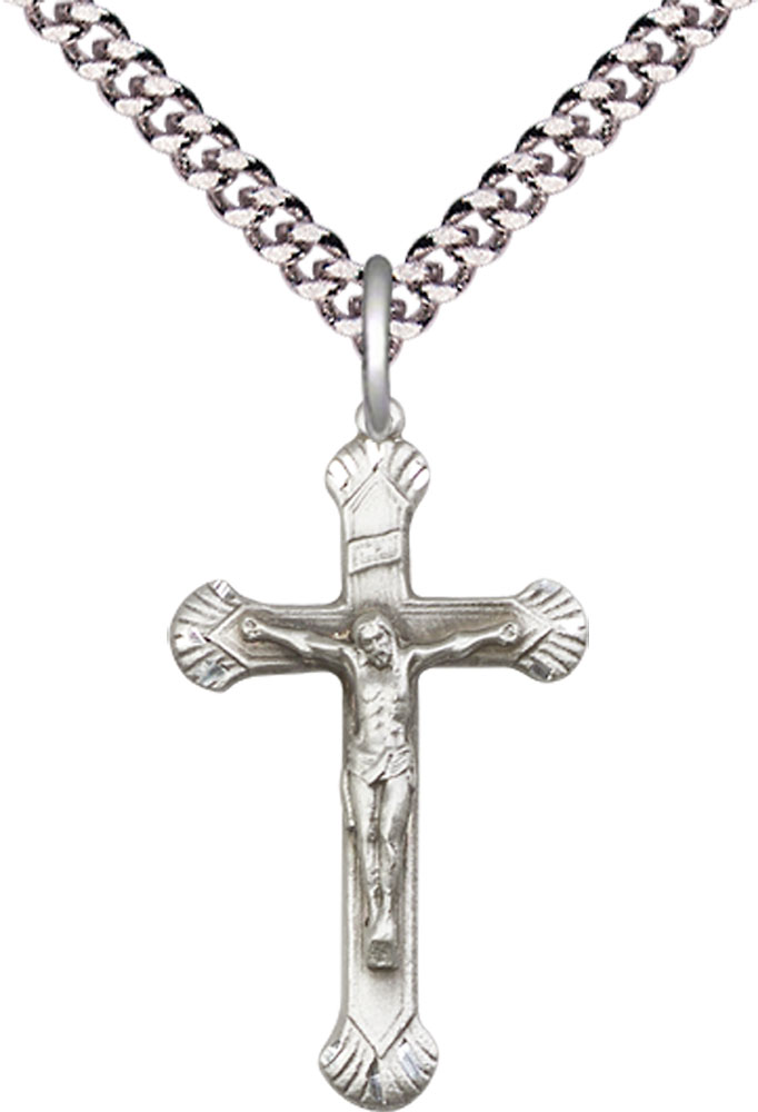 Sterling Silver Crucifix Pendant on a 24 inch Light Rhodium Heavy Curb chain