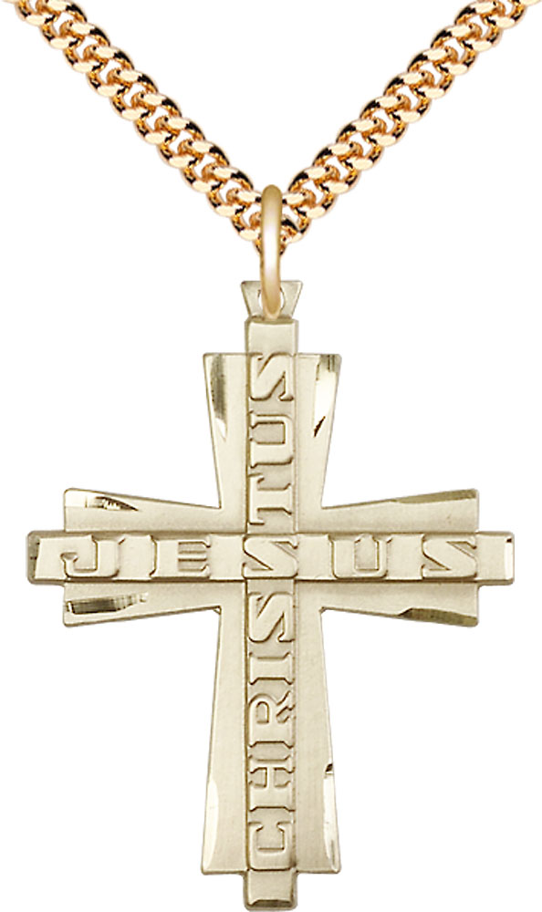 14kt Gold Filled Jesus Christus Cross Pendant on a 24 inch Gold Plate Heavy Curb chain