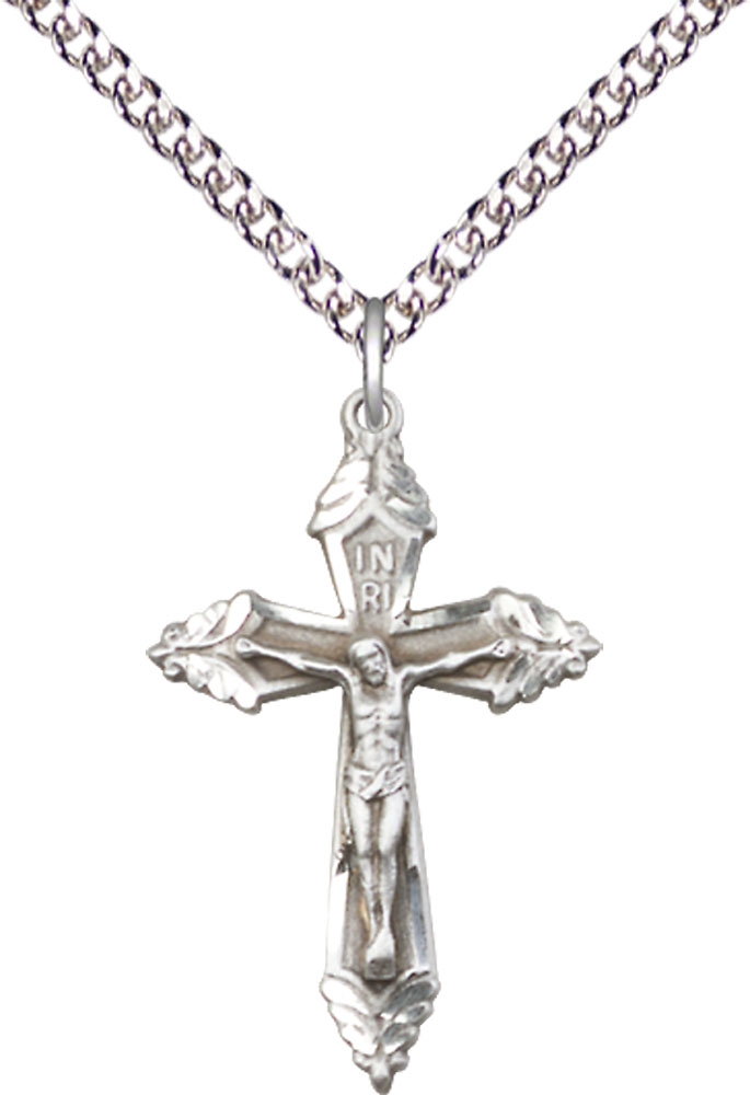 Sterling Silver Crucifix Pendant on a 24 inch Sterling Silver Heavy Curb chain