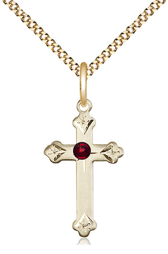 14kt Gold Filled Cross Pendant with a 3mm Garnet Swarovski stone on a 18 inch Gold Plate Light Curb chain